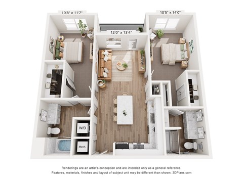 Floor plan for 2 beds, 2 baths, 1129 sqft